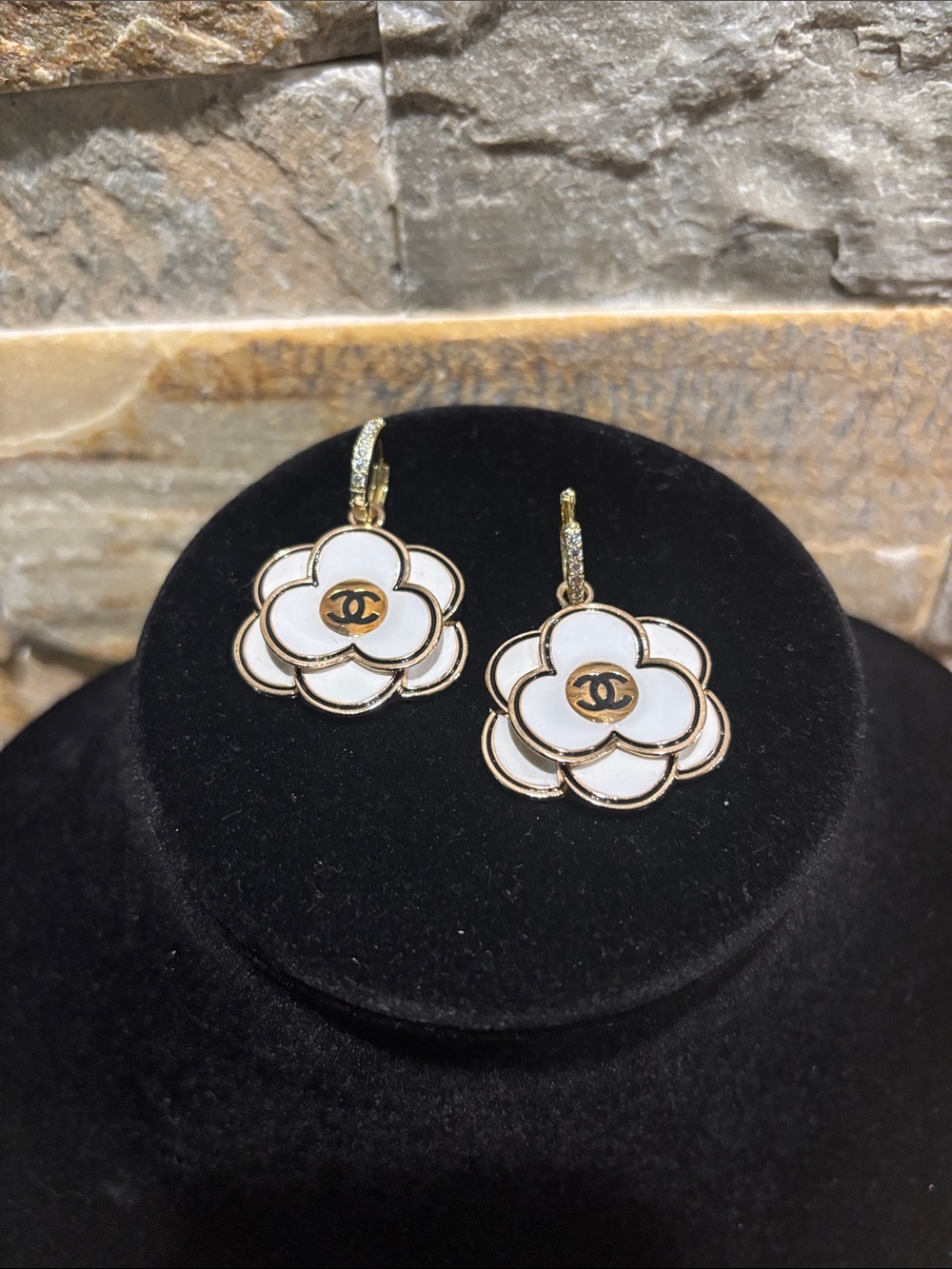 White CC Camellia Drop Earrings - Gold Trim